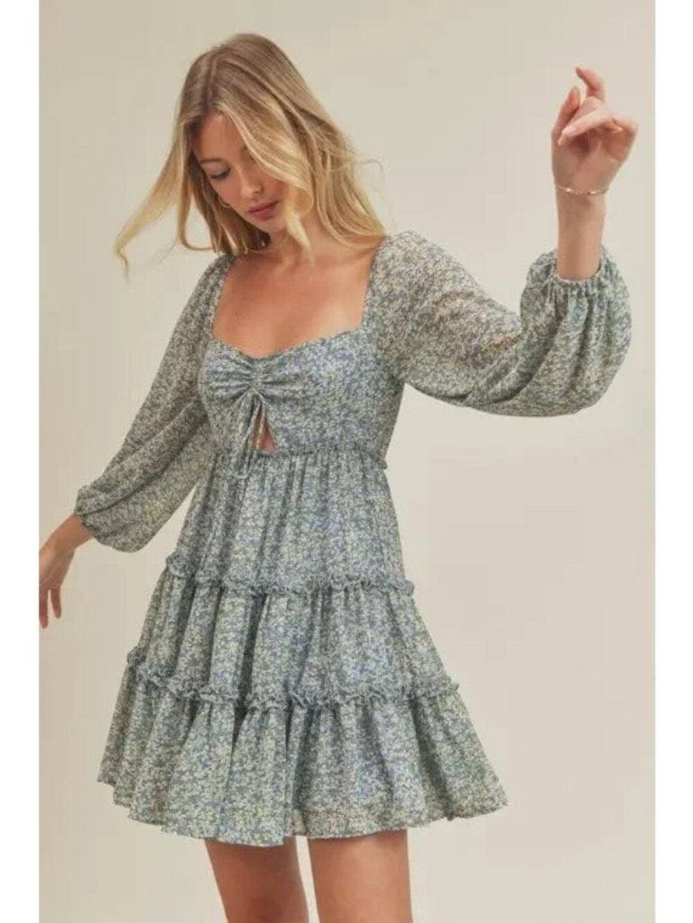 Lush Green Floral Print Chiffon Tiered Long Balloon Sleeve Cutout Mini Dress M